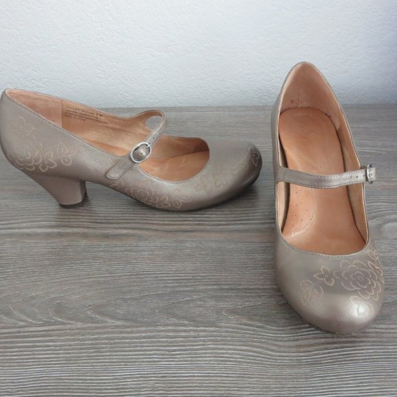 Naya Shoes - Naya CHALICE Leather Taupe Metallic Mary Jane Shoes Mid Heel Floral Pattern 9